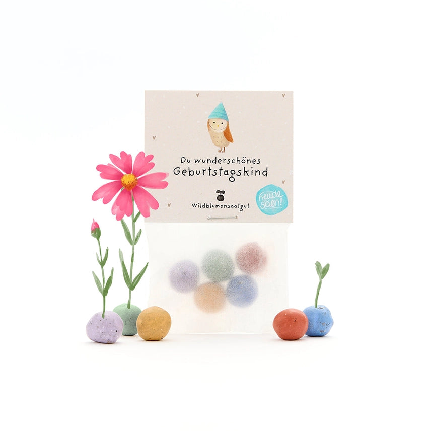 5 Blumenmurmeln im Tütchen "Du wunderschönes Geburtstagskind"