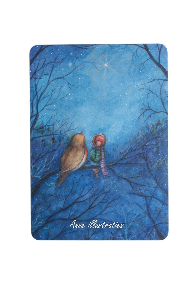 Kunstdruck Sternenfunkeln von Anne Gies A5, Kunstdruck mit Rotkehlchen und Wichtel unter dem Sternenhimmel