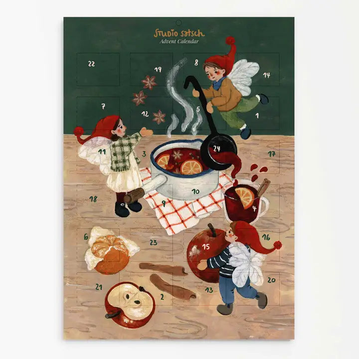 Adventskalender Wichtel von Studio Satsch A4, Wichtel rühren am Tisch einen Topf Punsch zwischen Äpfeln