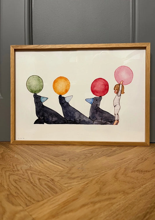 Print - Seelöwen mit Luftballons und Kind A3