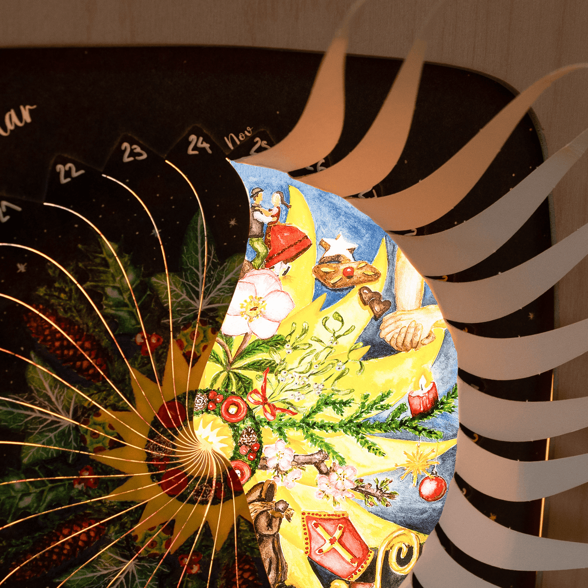 Toverlux Adventskalender von Sonne, Mond und Erde aus der Nähe: geöffnete Sonnenstrahlen mit Adventsbildern