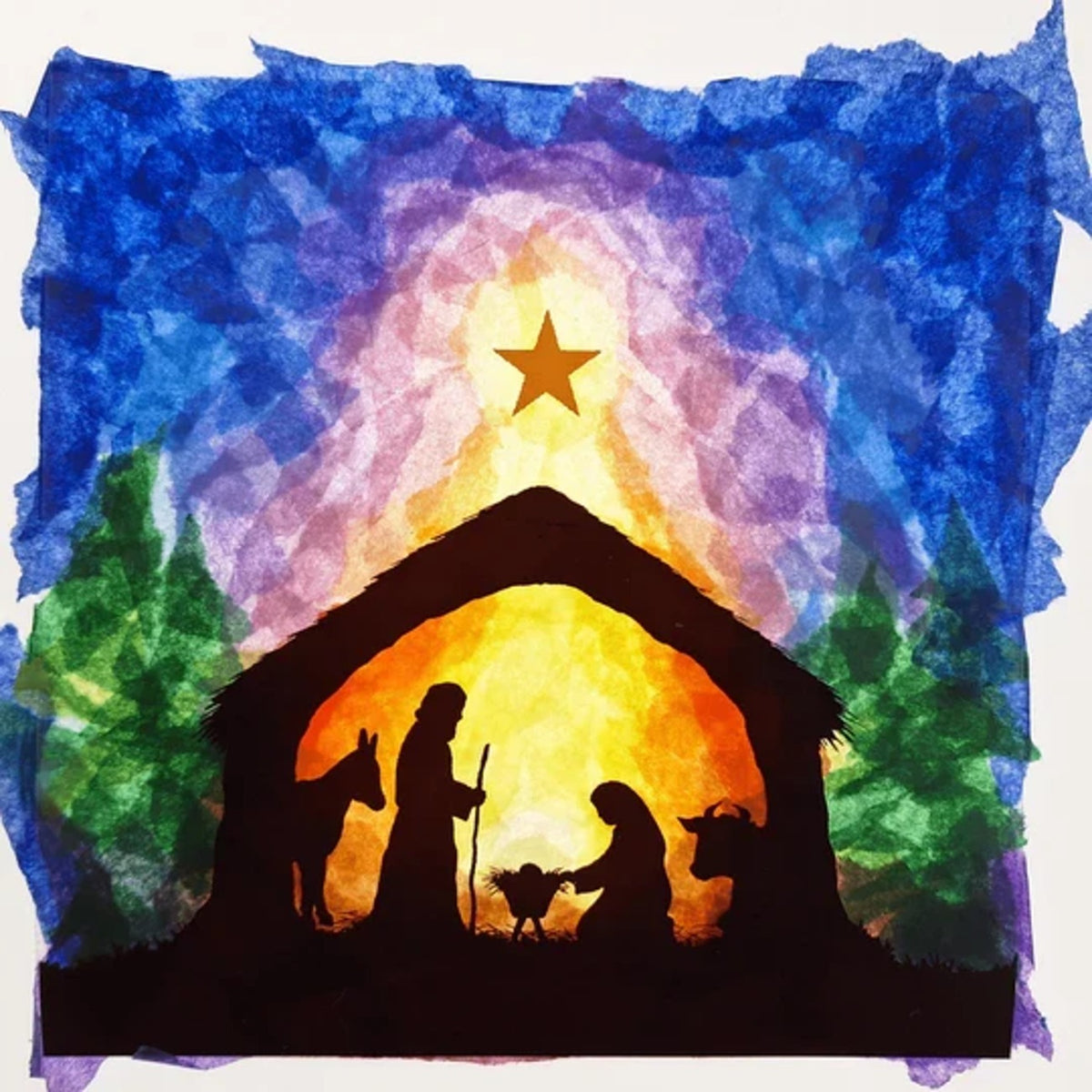 Toverlux DIY Transparent Krippe von Vogel Geluk: fertiges Transparent mit Stall, Stern und Heiliger Familie aus buntem Seidenpapier