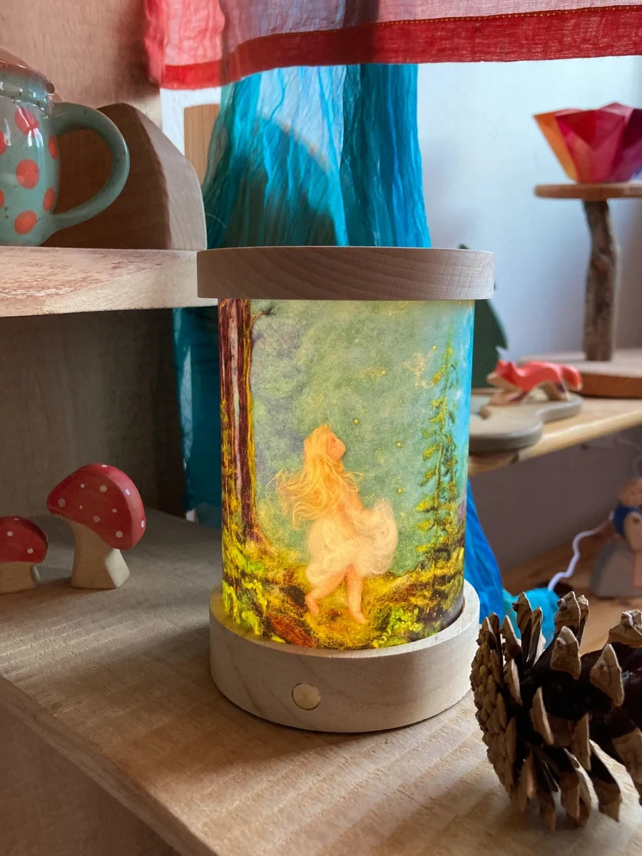 Toverlux Laterne mit Lichtkarte: Laterne mit Feenmotiv im Kinderregal mit Krug und Fliegenpilzen