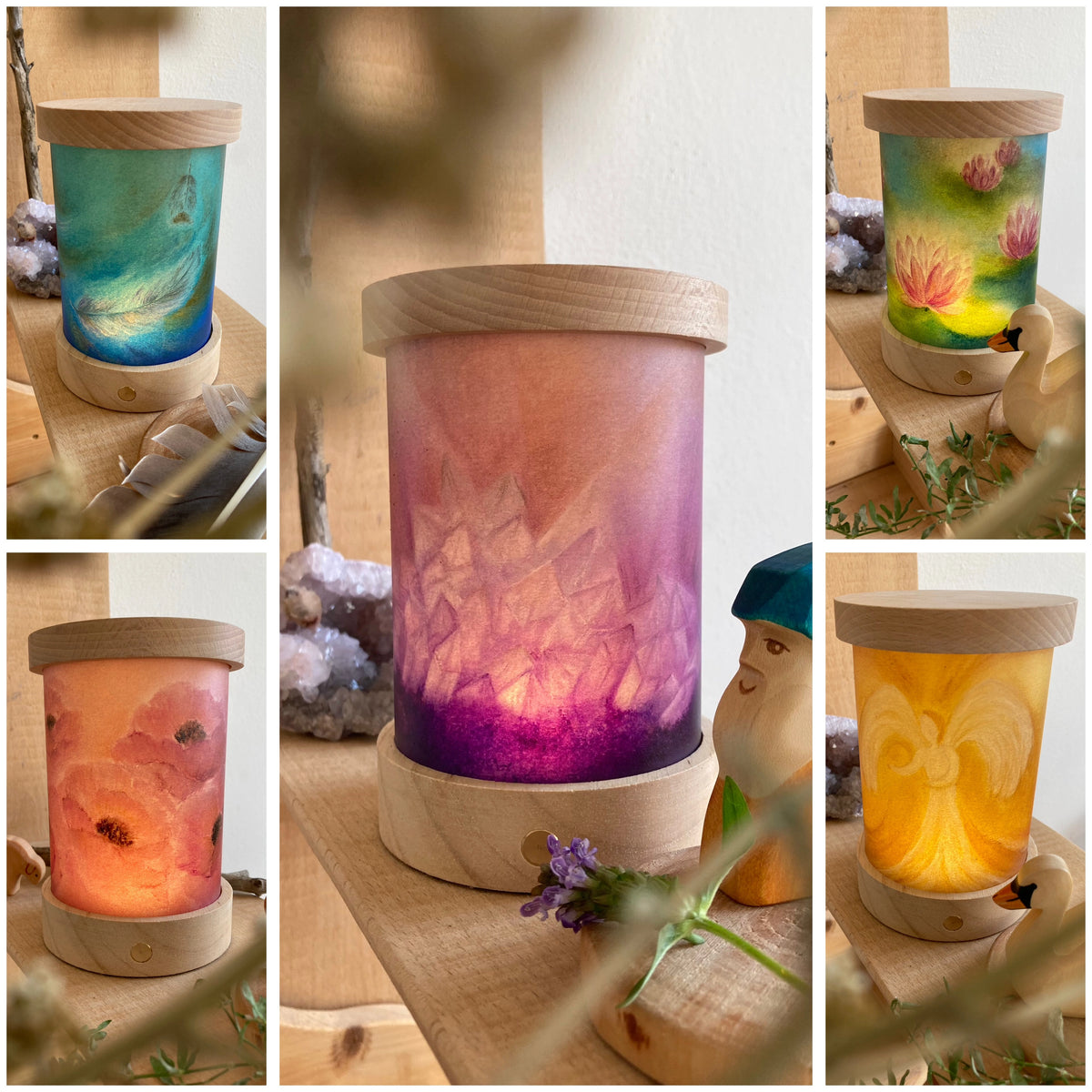 Toverlux Lichtkarten Behaglichkeit und Trost von Baukje Exler: Collage mit den Lichtkarten in der leuchtenden Laterne