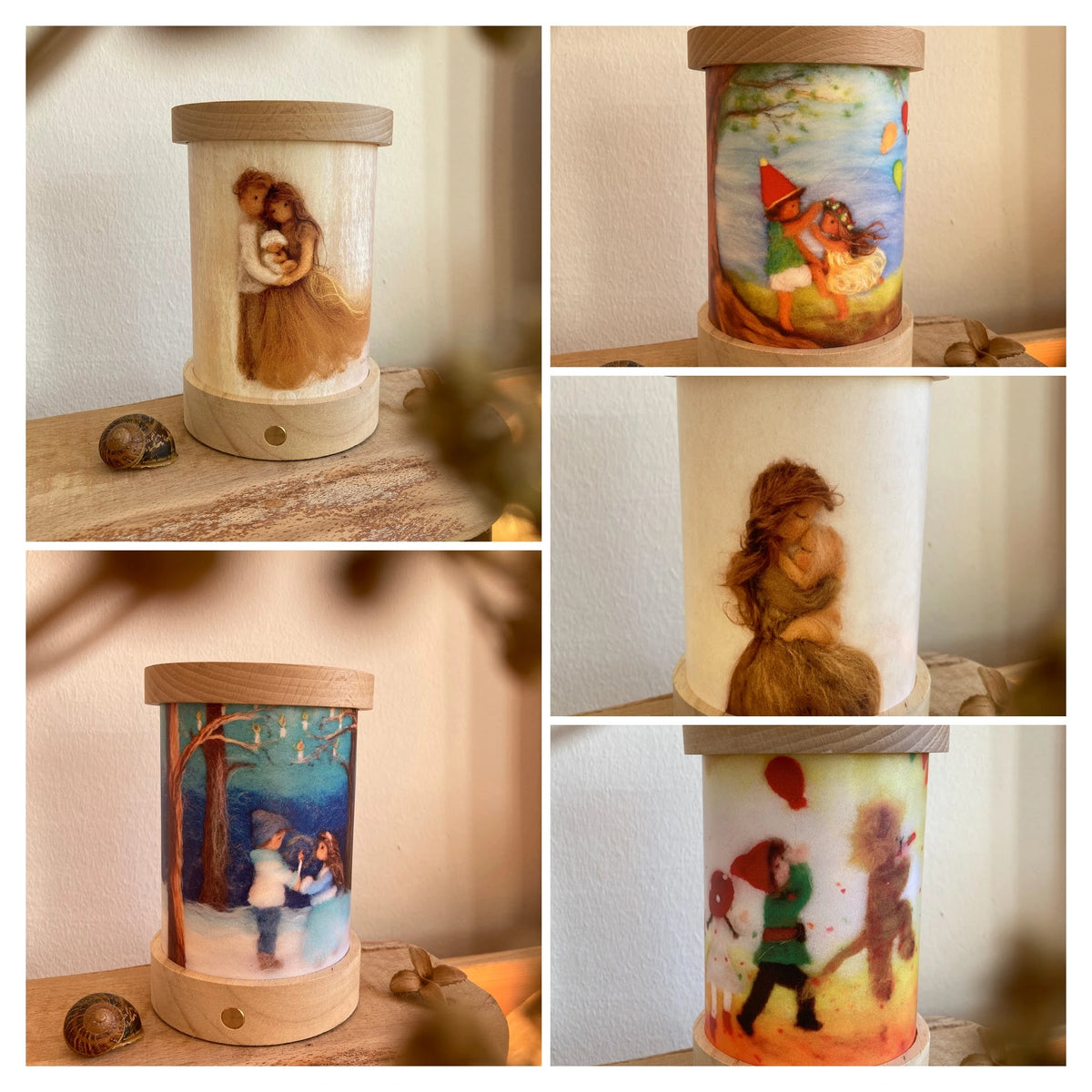 Toverlux Lichtkarten Feier von Het Wol Feetje: Collage mit gefilzten Lichtkarten in der leuchtenden Laterne