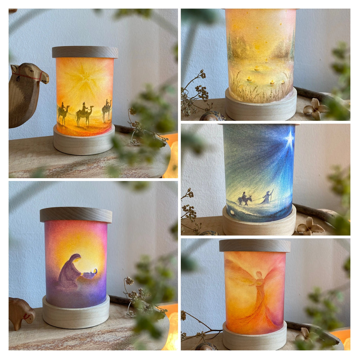 Toverlux Lichtkarten Weihnachtszeit von Baukje Exler: Collage mit den Lichtkarten in der leuchtenden Laterne