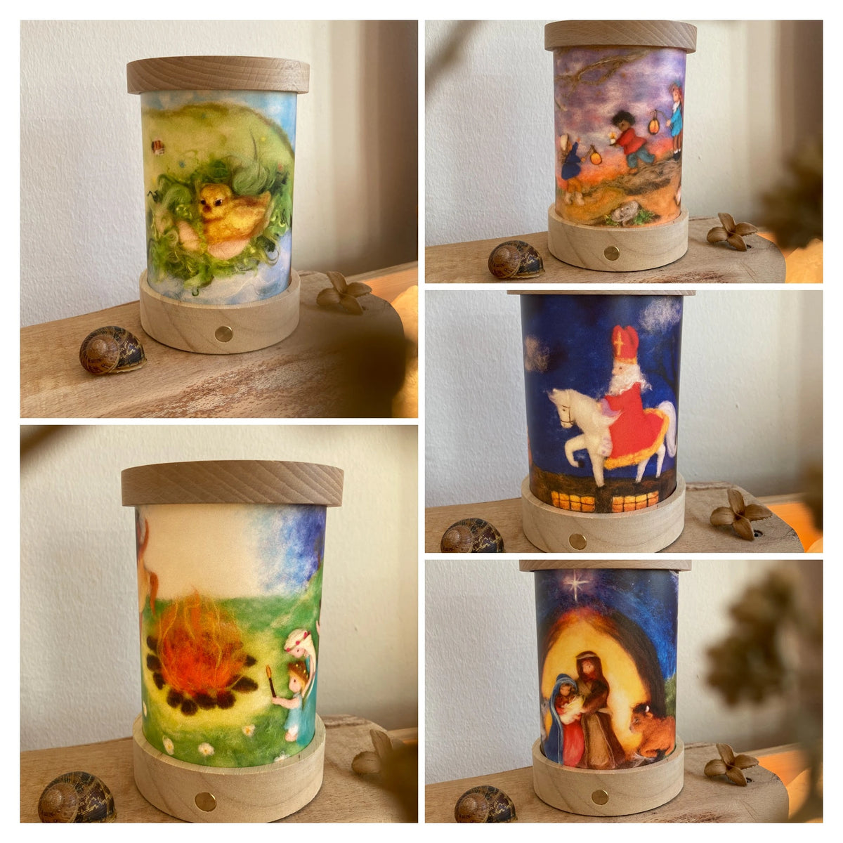 Toverlux Lichtkarten Feiertage von Het Wol Feetje: Collage mit gefilzten Lichtkarten in der leuchtenden Laterne