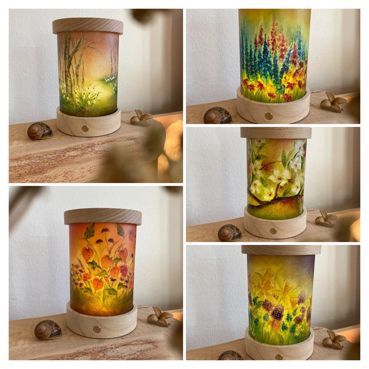 Toverlux Lichtkarten Jahreszeiten von Baukje Exler: Collage mit den Lichtkarten in der leuchtenden Laterne