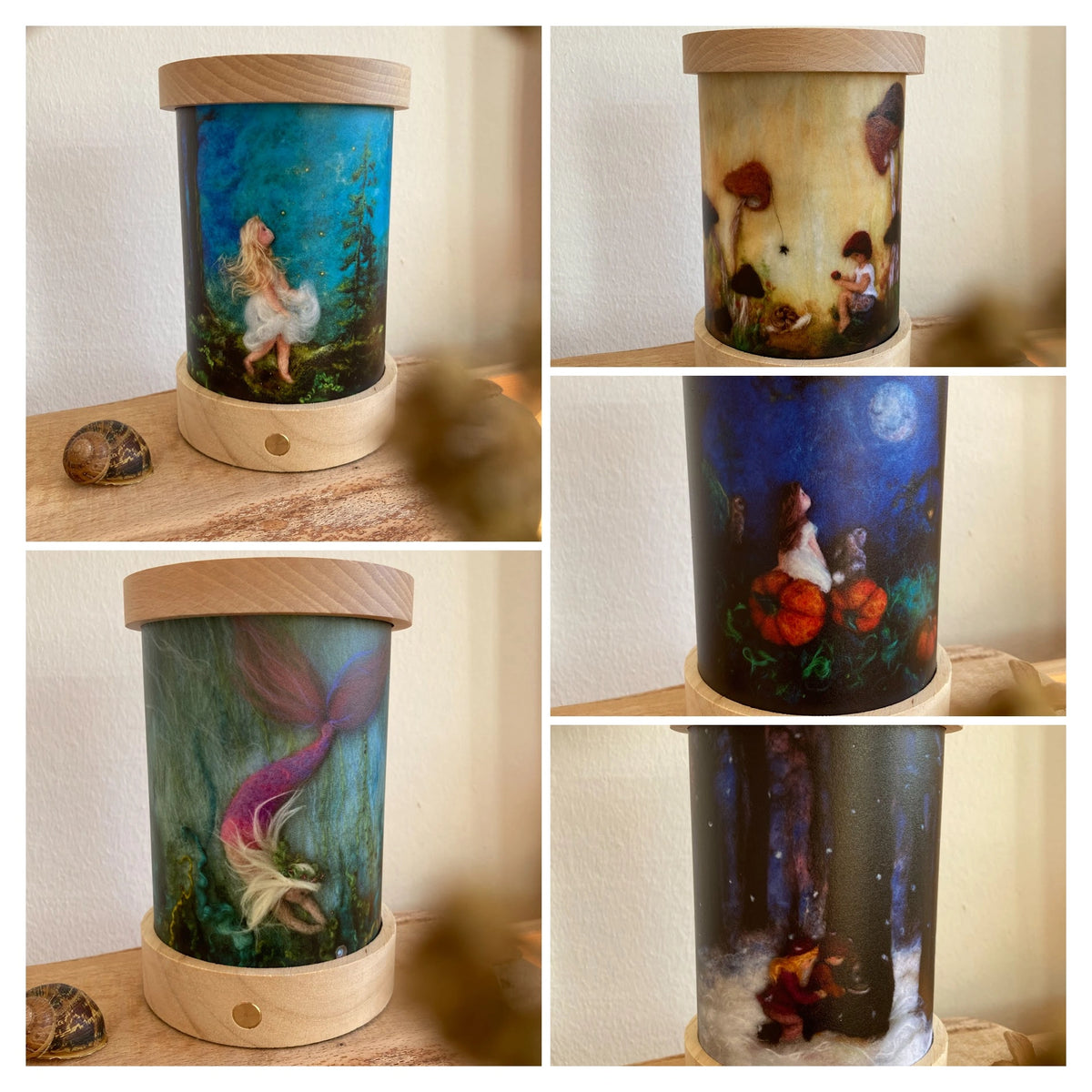 Toverlux Lichtkarten Jahreszeiten von Het Wol Feetje: Collage mit gefilzten Lichtkarten in der leuchtenden Laterne
