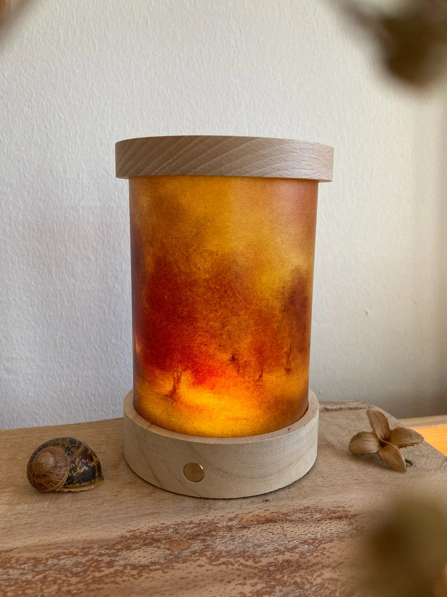 Toverlux Lichtkarten Naturgeschichten von Baukje Exler: Lichtkarte Herbstbäume in Orange und Rot leuchtet in der Laterne