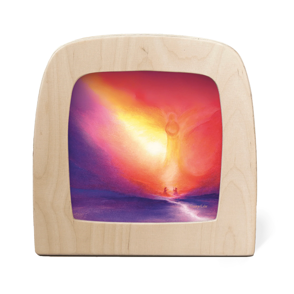 Toverlux Motiv Botschafter des Friedens von Baukje Exler in der magischen Lampe: Lichtgestalt eines Engels in rosa und goldenem Abendhimmel