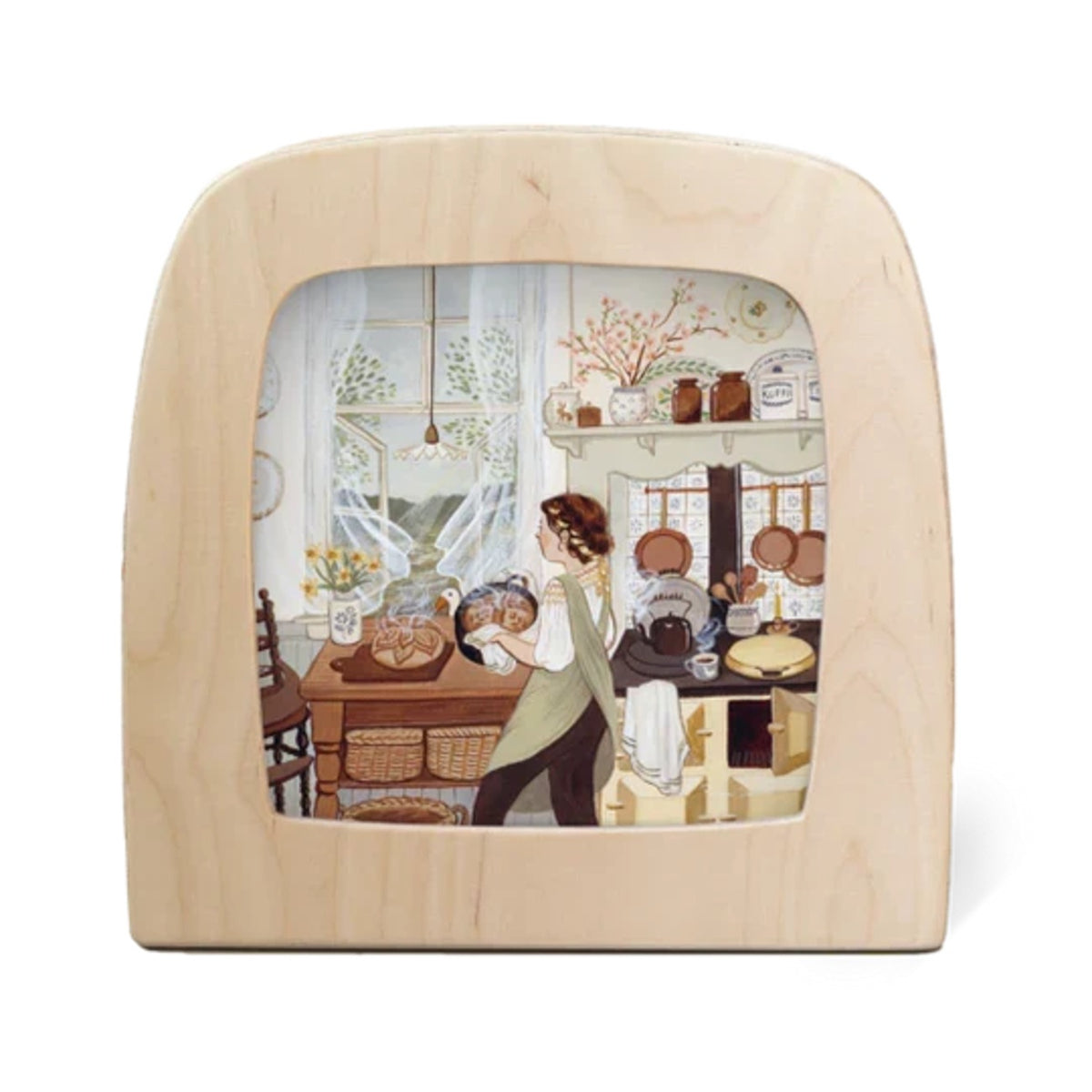 Toverlux Motiv Brot backen von Robin Pieterse in der magischen Lampe: Helle Landküche, in der Teig geformt wird, Regale mit Töpfen und Körben