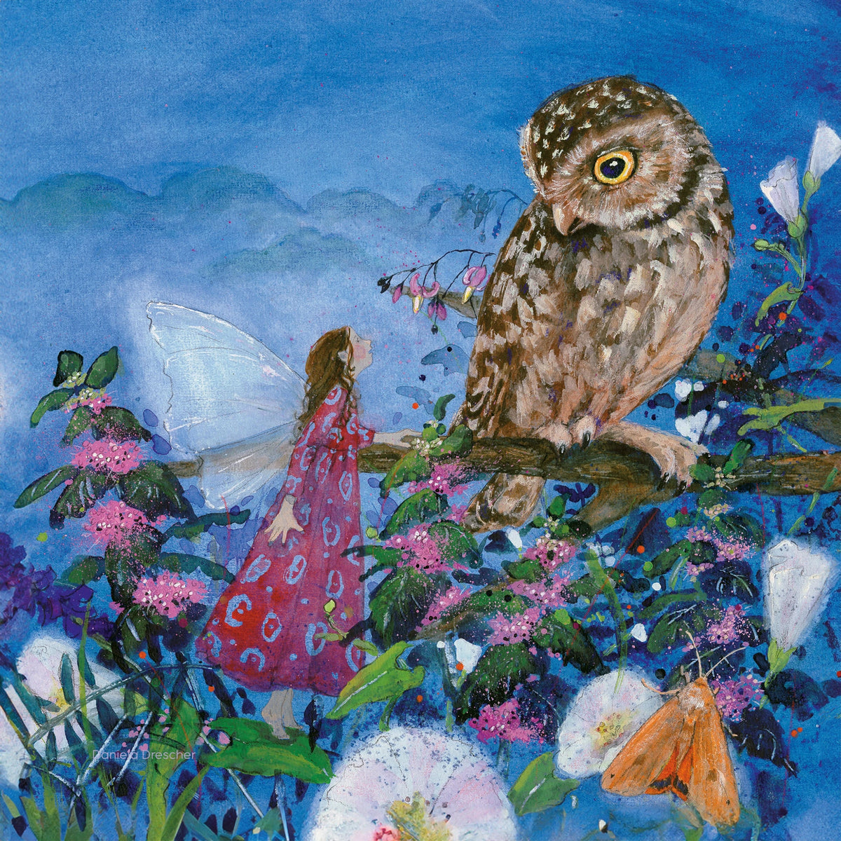 Toverlux Motiv Die kleine Elfe kann nicht schlafen – Eule von Daniela Drescher, Illustration: Kleine Elfe bei einer Eule zwischen Blumen in der Nacht