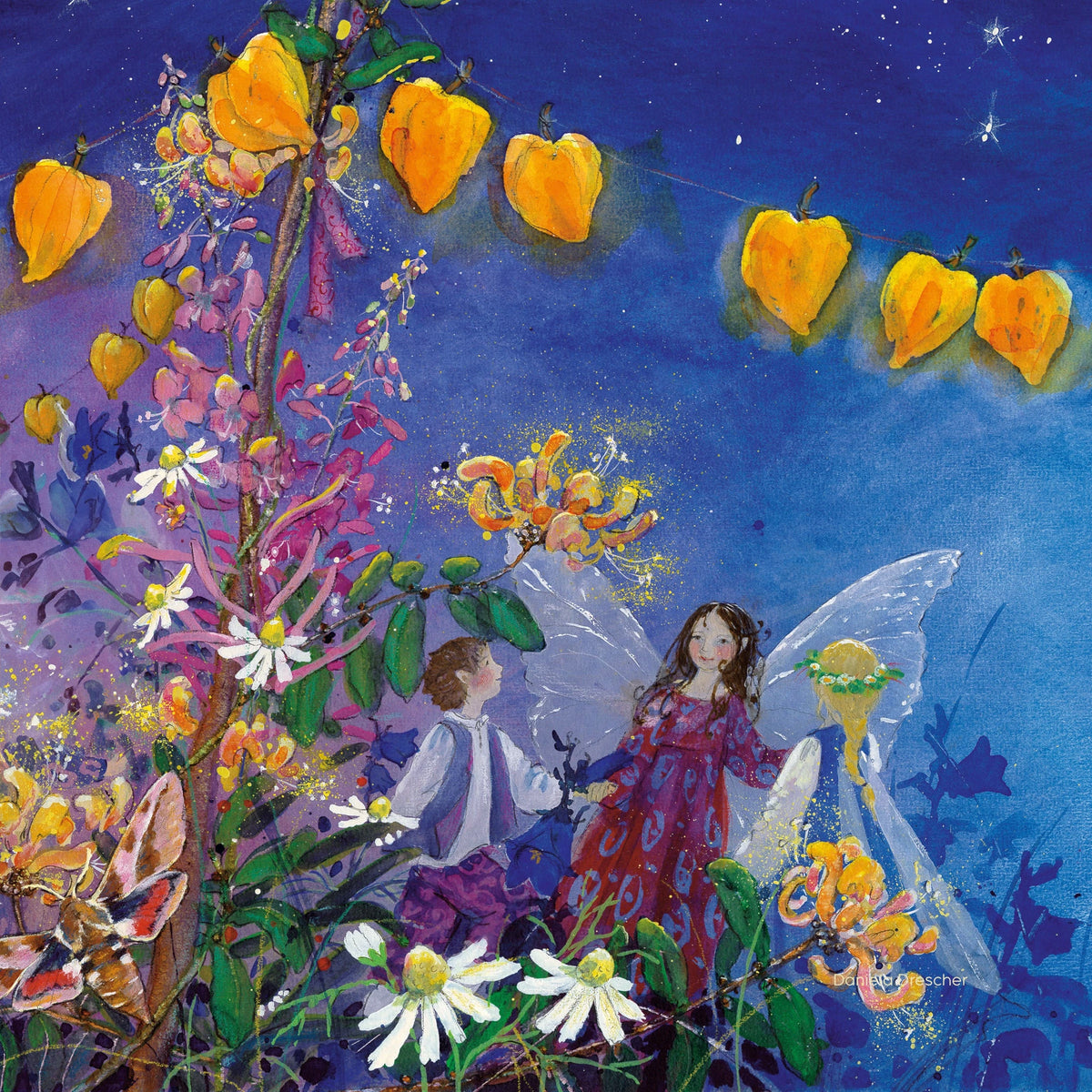 Toverlux Motiv Die kleine Elfe kann nicht schlafen – Fest von Daniela Drescher, Illustration: Elfen feiern zwischen Blumen und leuchtenden Lampionblumen