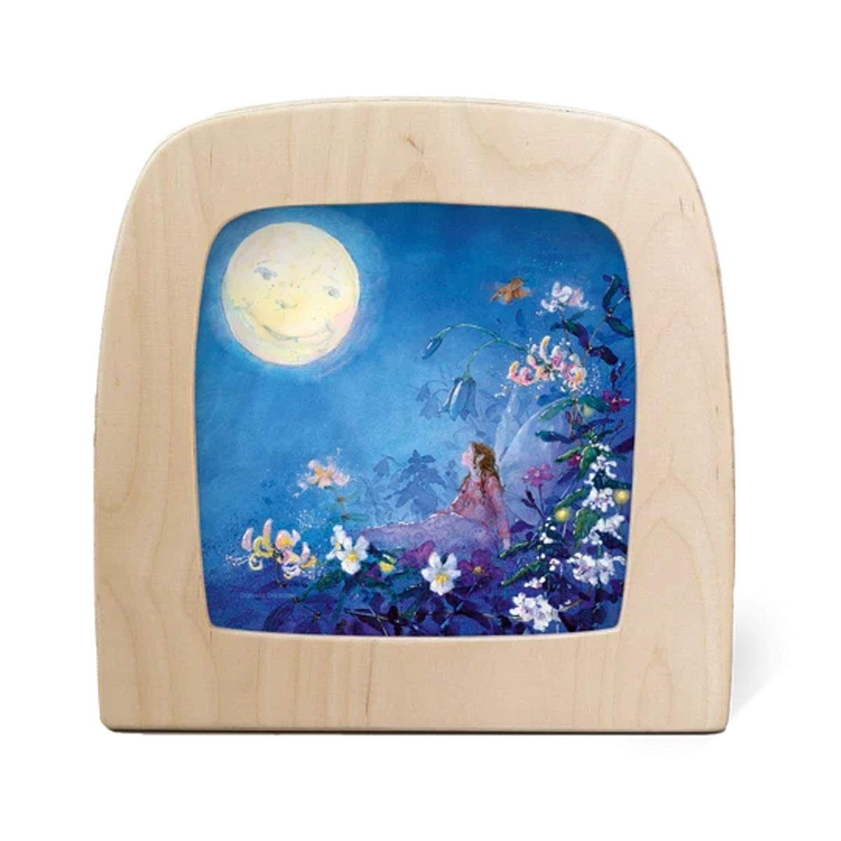 Toverlux Motiv Die kleine Elfe kann nicht schlafen – Mond von Daniela Drescher in der magischen Lampe: Vollmond mit Gesicht über der kleinen Elfe im Blumenbett