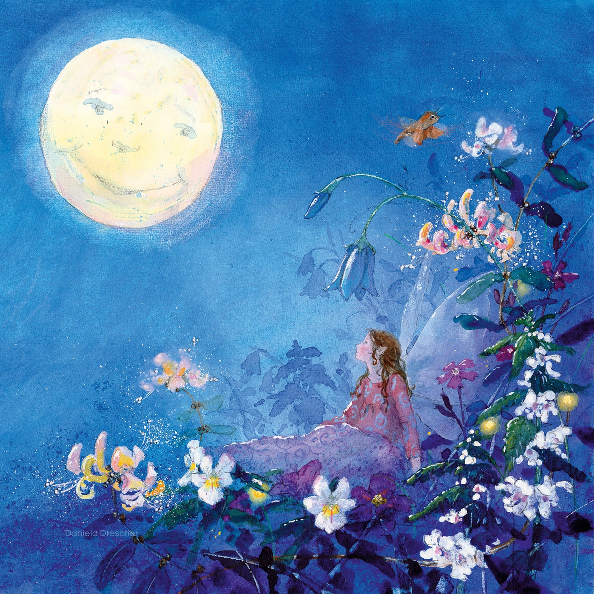 Toverlux Motiv Die kleine Elfe kann nicht schlafen – Mond von Daniela Drescher, Illustration: Kleine Elfe zwischen Blumen unter einem lächelnden Vollmond