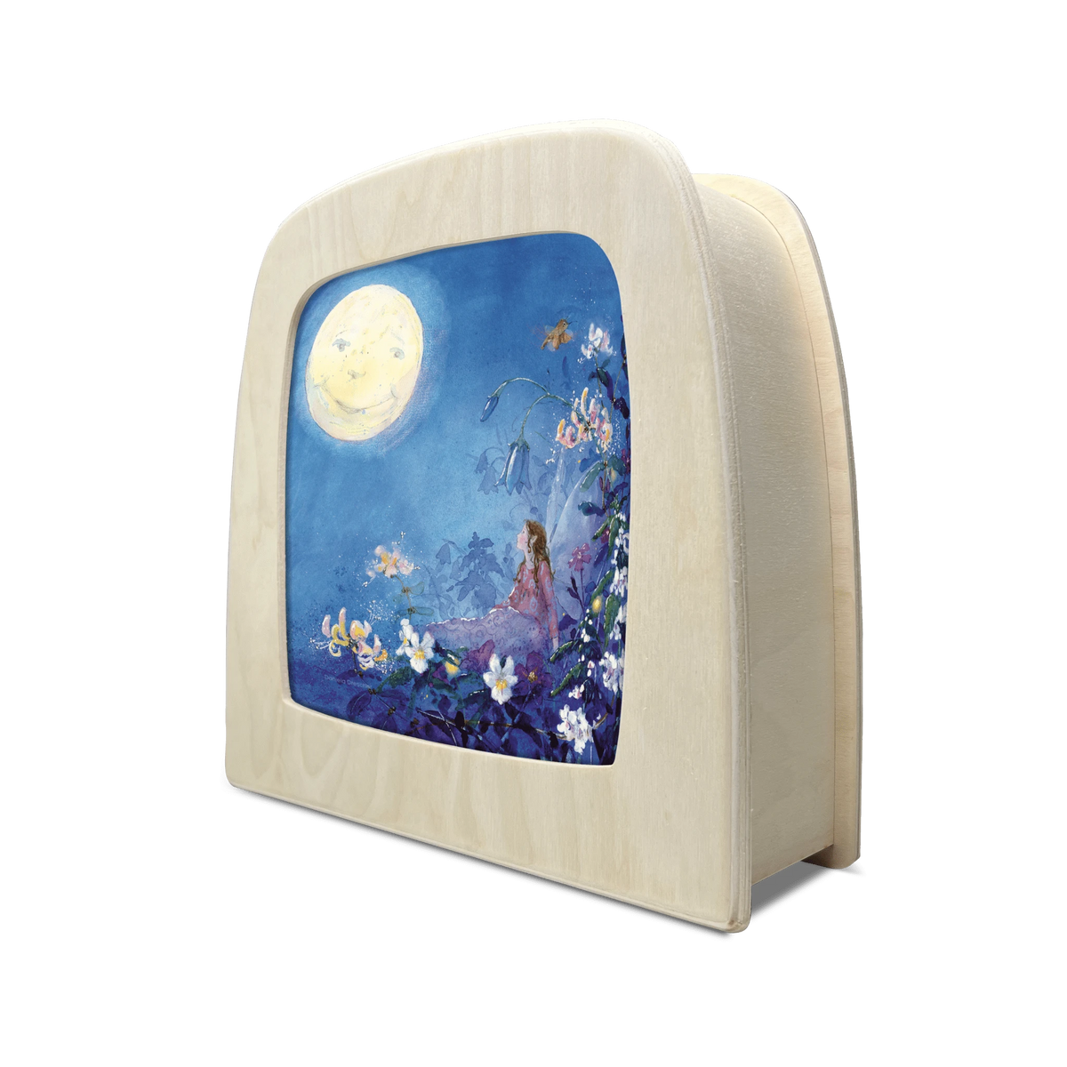 Toverlux Motiv Die kleine Elfe kann nicht schlafen – Mond von Daniela Drescher in der magischen Lampe, schräg von der Seite: Kleine Elfe zwischen Blumen unter einem lächelnden Vollmond