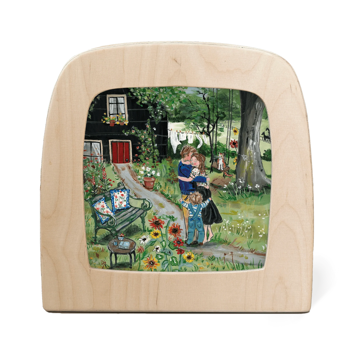 Toverlux Motiv Die Umarmung der Liebe von Gwen's Illustrations in der magischen Lampe: Familie umarmt sich im blühenden Garten vor dem Haus