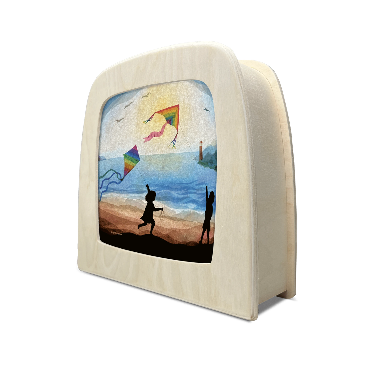 Toverlux Motiv Drachen von Vogel Geluk in der magischen Lampe, schräg von der Seite: Silhouetten von zwei Kindern, die am Strand bunte Drachen steigen lassen