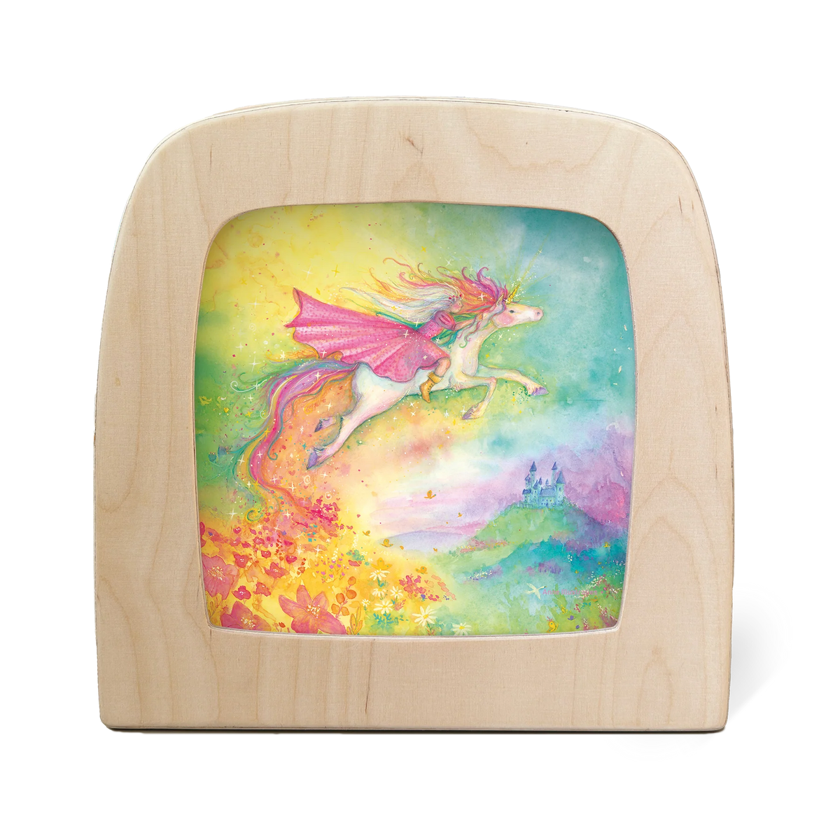 Toverlux Motiv Einhorntraum von Anne Illustraties in der magischen Lampe: Elfe auf einem Einhorn über einer bunten Blumenwiese