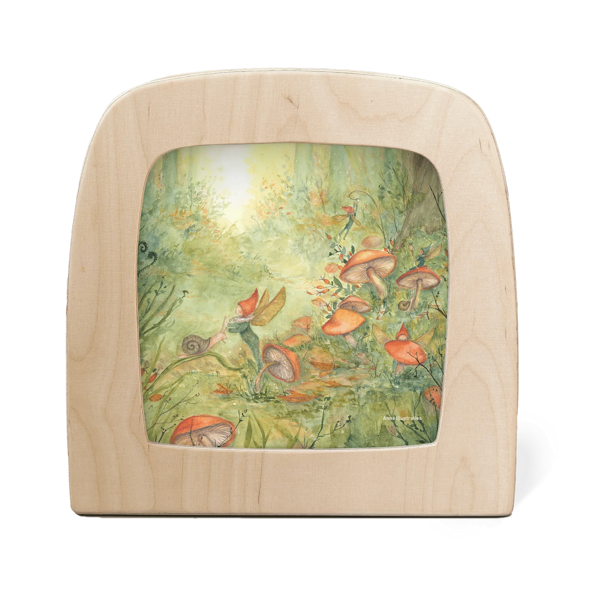 Toverlux Motiv Feenwald von Anne Illustraties in der magischen Lampe: Kleine Feen zwischen Pilzen und Farnen in einem grünen Wald