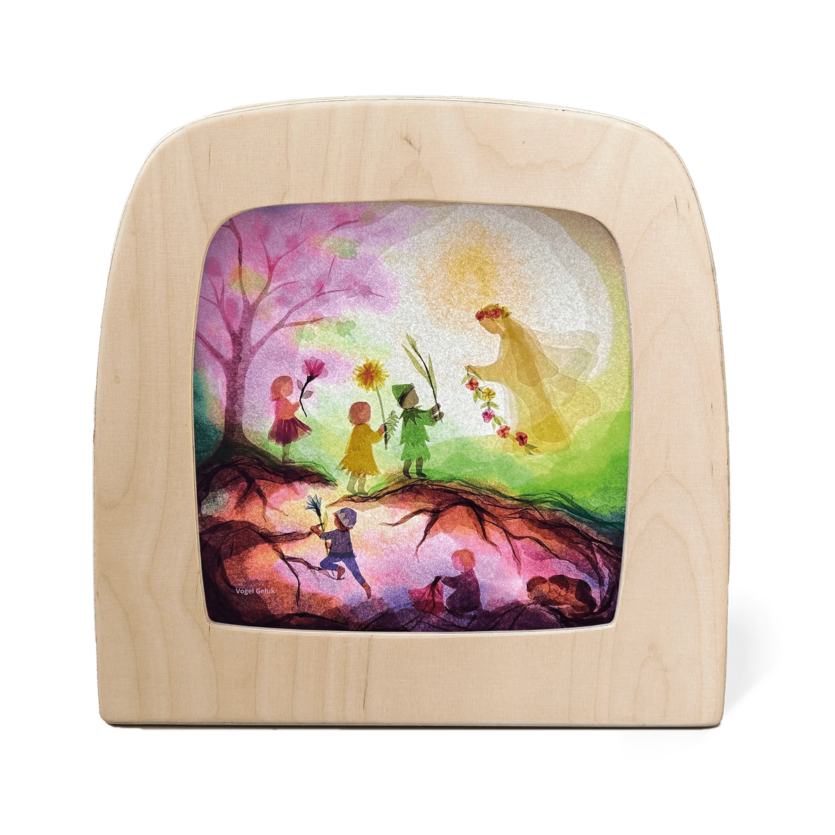 Toverlux Motiv Frühlingsfee im Wald von Vogel Geluk in der magischen Lampe: Leuchtende Frühlingsfee und Kinder als Schattenbilder im blühenden Wald