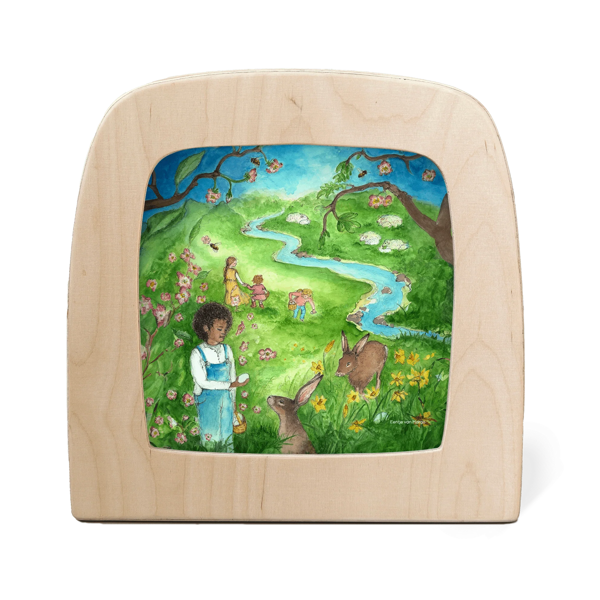 Toverlux Motiv Frühlingsfestlichkeiten von Eentje van Margo in der magischen Lampe: Kinder und Hasen in einer grünen Frühlingslandschaft mit Bach und Blüten