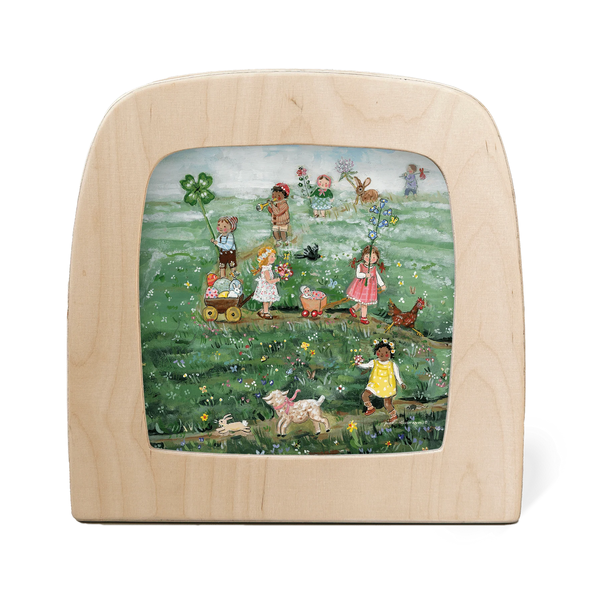 Toverlux Motiv Frühlingsparade von Gwen's Illustrations in der magischen Lampe: Kinder mit Hasen, Hühnern und Lämmern auf einer grünen Frühlingswiese