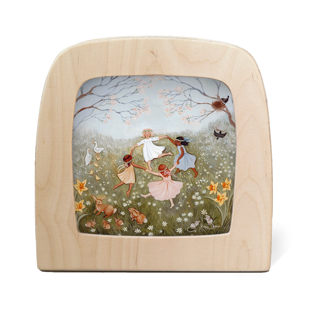Toverlux Motiv Frühlingstanz von Robin Pieterse in der magischen Lampe: Kinder tanzen im Kreis auf einer Blumenwiese unter blühenden Bäumen