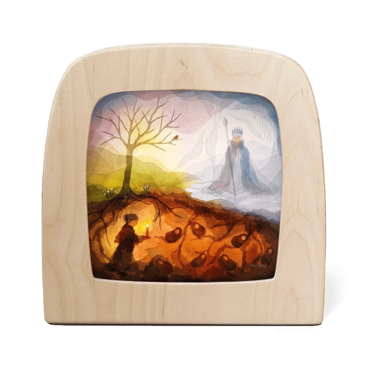 Toverlux Motiv Gaia und der König von Vogel Geluk in der magischen Lampe: Mutter Erde mit Laterne unter der Erde und König Winter neben einem kahlen Baum