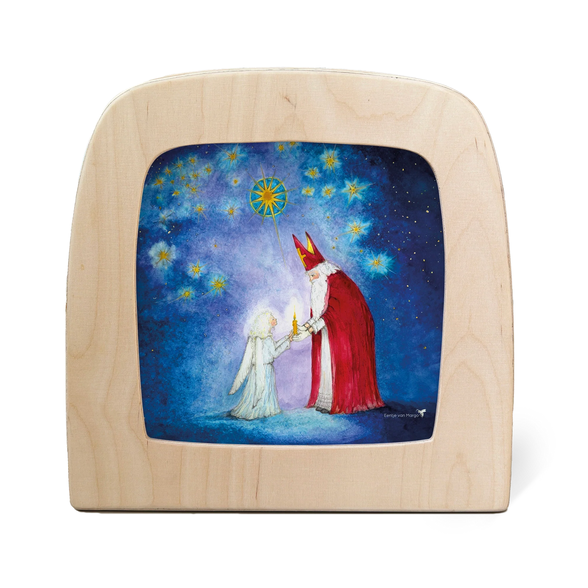 Toverlux Motiv Geschenk des Lichtes von Eentje van Margo in der magischen Lampe: Nikolaus schenkt einem Kind ein Licht unter dem Sternenhimmel