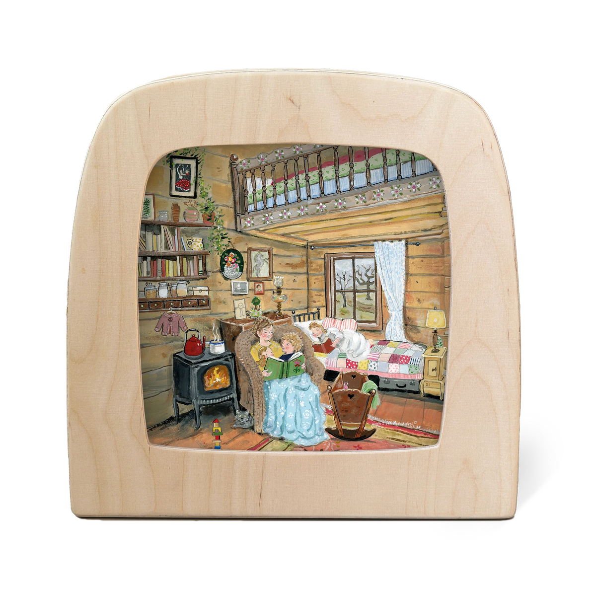 Toverlux Motiv Geschichten und Kuscheln von Gwen's Illustrations in der magischen Lampe: Gemütliche Stube mit Ofen, in der vorgelesen wird, draußen Schnee