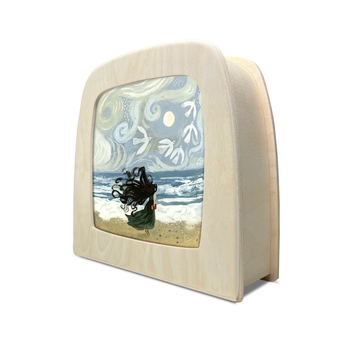 Toverlux Motiv Gezeiten von Tijana Draws in der magischen Lampe, schräg von der Seite: Strand mit Wellen, Mond und Möwen