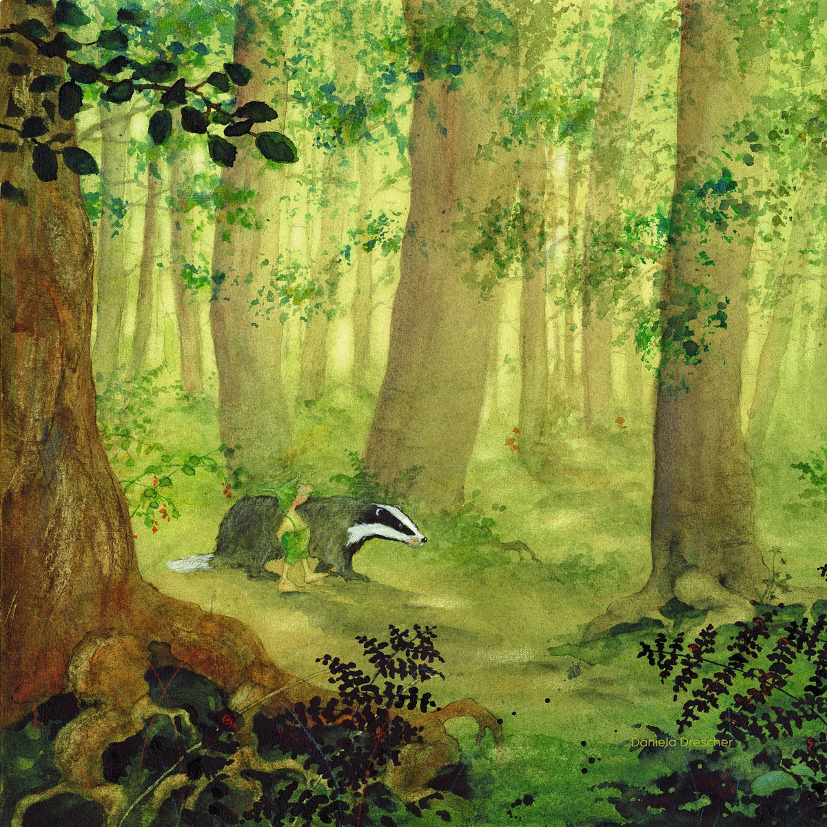 Toverlux Motiv Giesbert im Wald von Daniela Drescher, Illustration: Lichtdurchfluteter grüner Wald mit einem Dachs am Wegrand