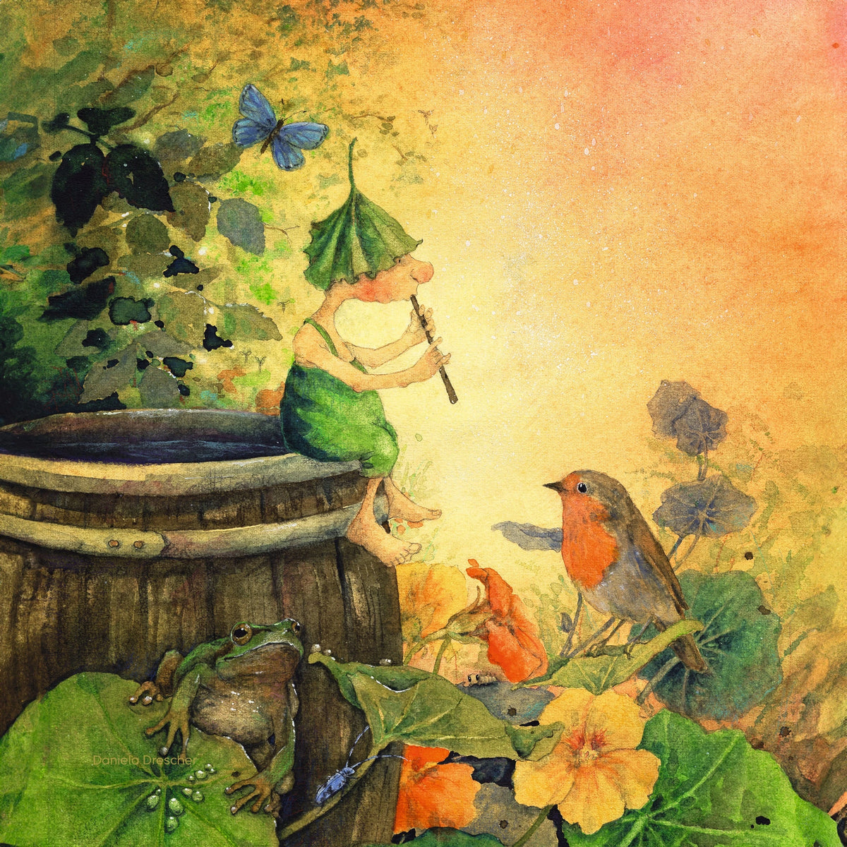 Toverlux Motiv Giesbert mit Flöte von Daniela Drescher, Illustration: Wichtel Giesbert spielt auf einer Regentonne Flöte, daneben ein Rotkehlchen