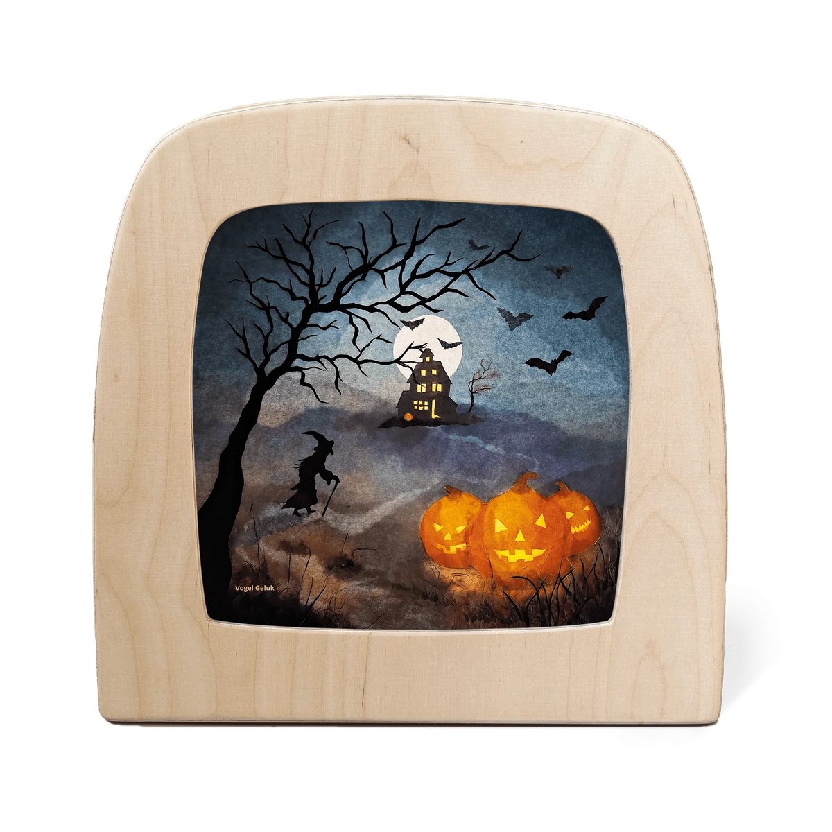 Toverlux Motiv Halloween von Vogel Geluk in der magischen Lampe: Schattenbild einer Hexe auf dem Besen vor einem Schloss mit leuchtenden Kürbissen