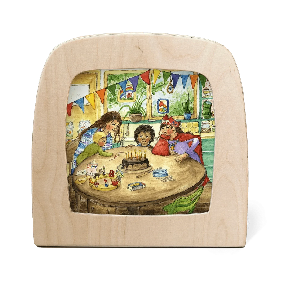 Toverlux Motiv Happy Birthday von Eentje van Margo in der magischen Lampe: Familie am Geburtstagstisch mit Kuchen und bunter Wimpelkette