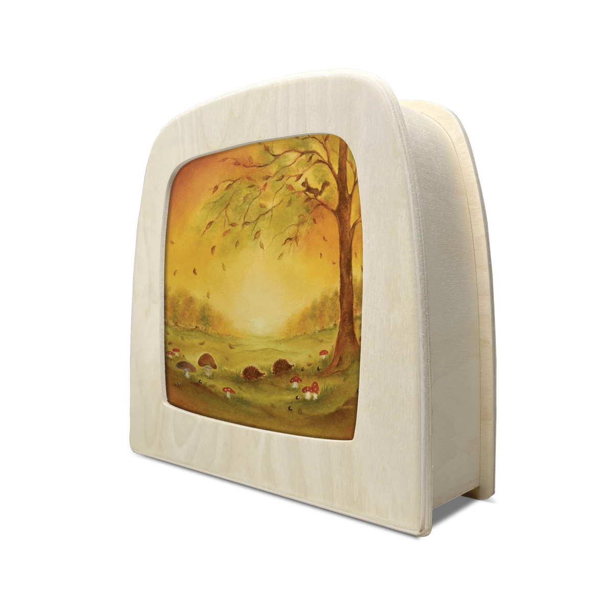 Toverlux Motiv Herbstblätter von Baukje Exler in der magischen Lampe: Herbstbaum mit fallenden Blättern, Igel und Pilze im goldenen Licht, in der Lampe von der Seite