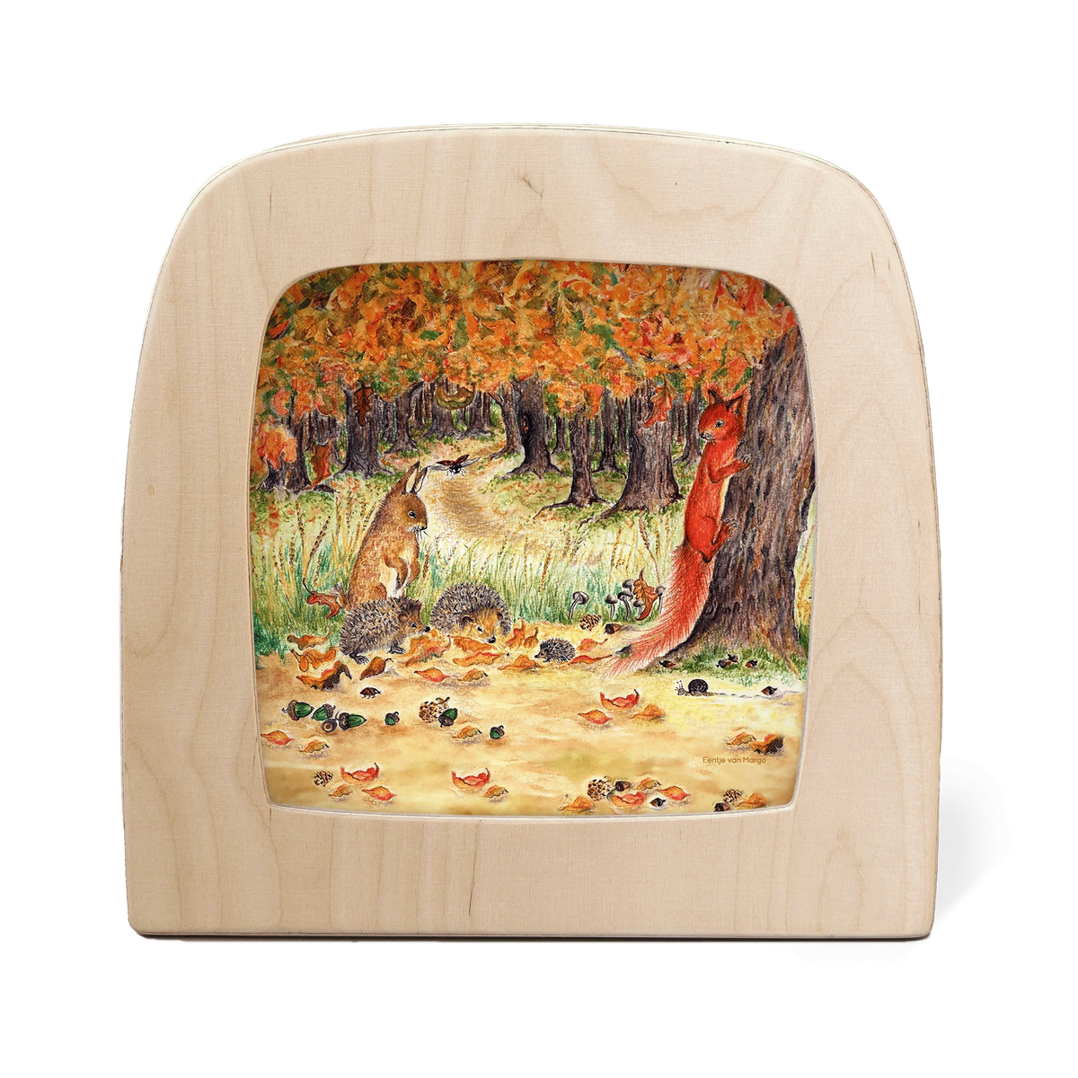 Toverlux Motiv Herbstglück von Eentje van Margo in der magischen Lampe: Herbstwald mit Eichhörnchen, Hase und Igel im bunten Laub