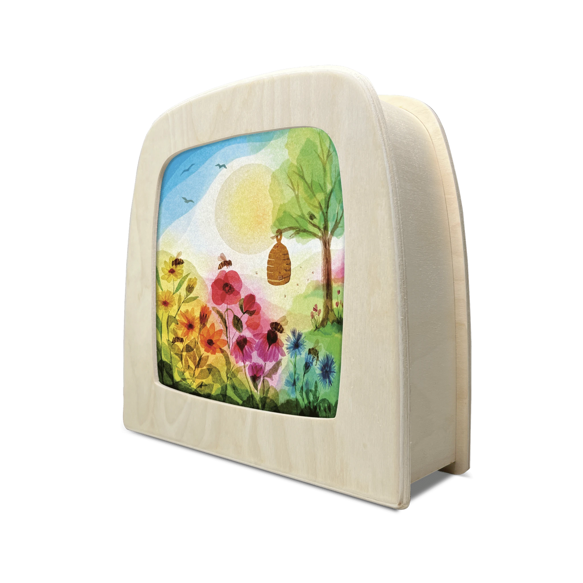 Toverlux Motiv Honigbienen von Vogel Geluk in der magischen Lampe, schräg von der Seite: Bunte Sommerblumen, Bienen und ein Bienenkorb im Baum unter der Sonne
