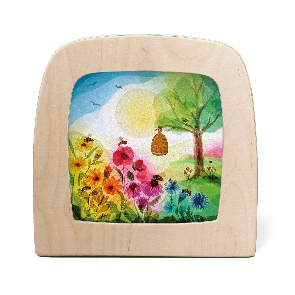 Toverlux Motiv Honigbienen von Vogel Geluk in der magischen Lampe: Bunte Sommerblumen, Bienen und ein Bienenkorb im Baum unter der Sonne