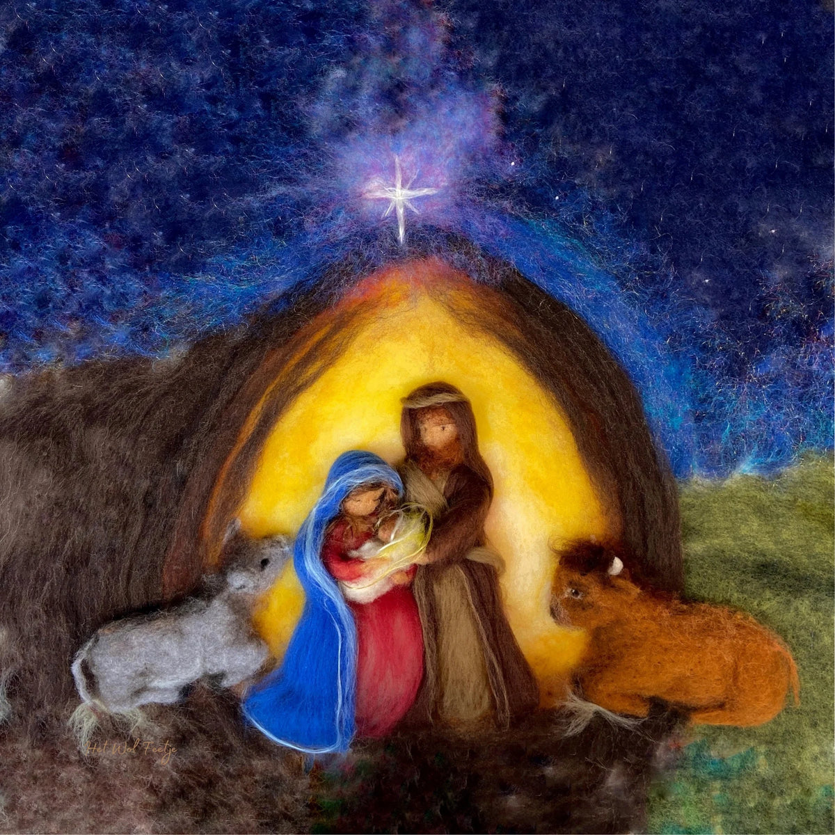 Toverlux Motiv Krippe von Het Wol Feetje, Illustration: Gefilzte Krippe mit Maria, Josef und dem Kind unter dem Stern