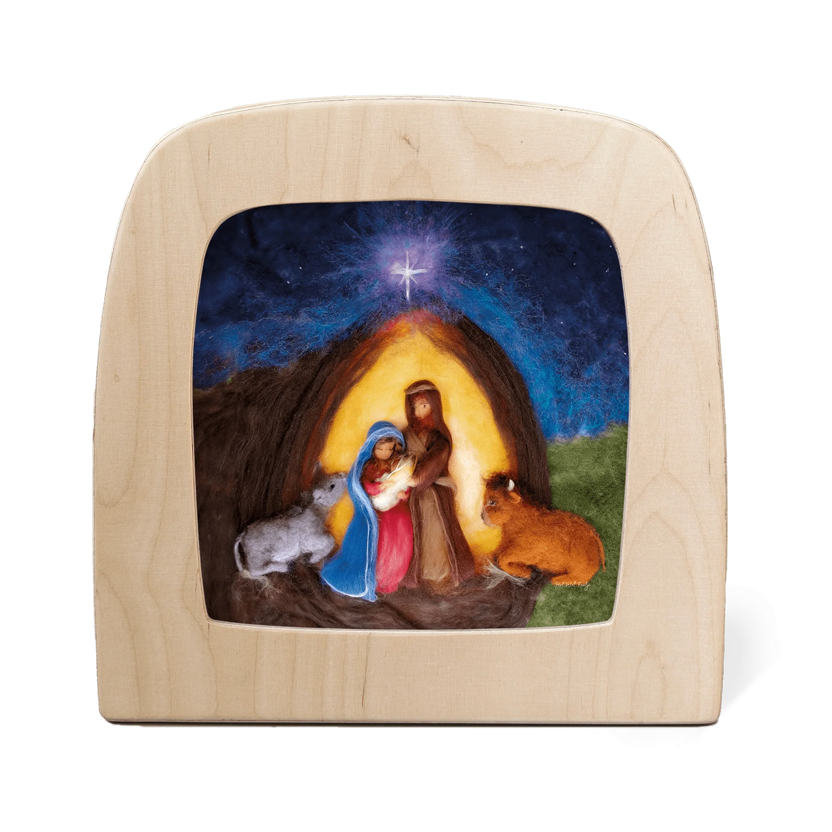 Toverlux Motiv Krippe von Het Wol Feetje in der magischen Lampe: Gefilzte Krippe mit Maria, Josef und dem Kind unter dem Stern