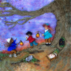 Toverlux Motiv Laterne gehen von Het Wol Feetje, Illustration: gefilzte Kinder ziehen mit Laternen unter einem großen Baum durch die Abenddämmerung