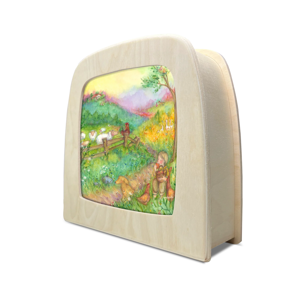 Toverlux Motiv Leben auf dem Bauernhof von Anne Illustraties in der magischen Lampe, schräg von der Seite: Bauernhof mit Schafen, Hühnern und Gänsen auf einer bunten Wiese