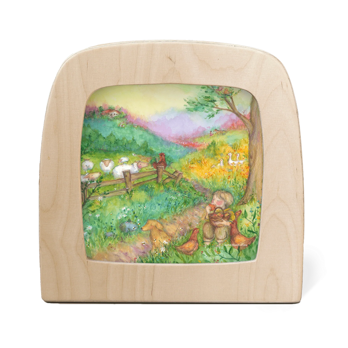 Toverlux Motiv Leben auf dem Bauernhof von Anne Illustraties in der magischen Lampe: Bauernhof mit Schafen, Hühnern und Gänsen auf einer bunten Wiese