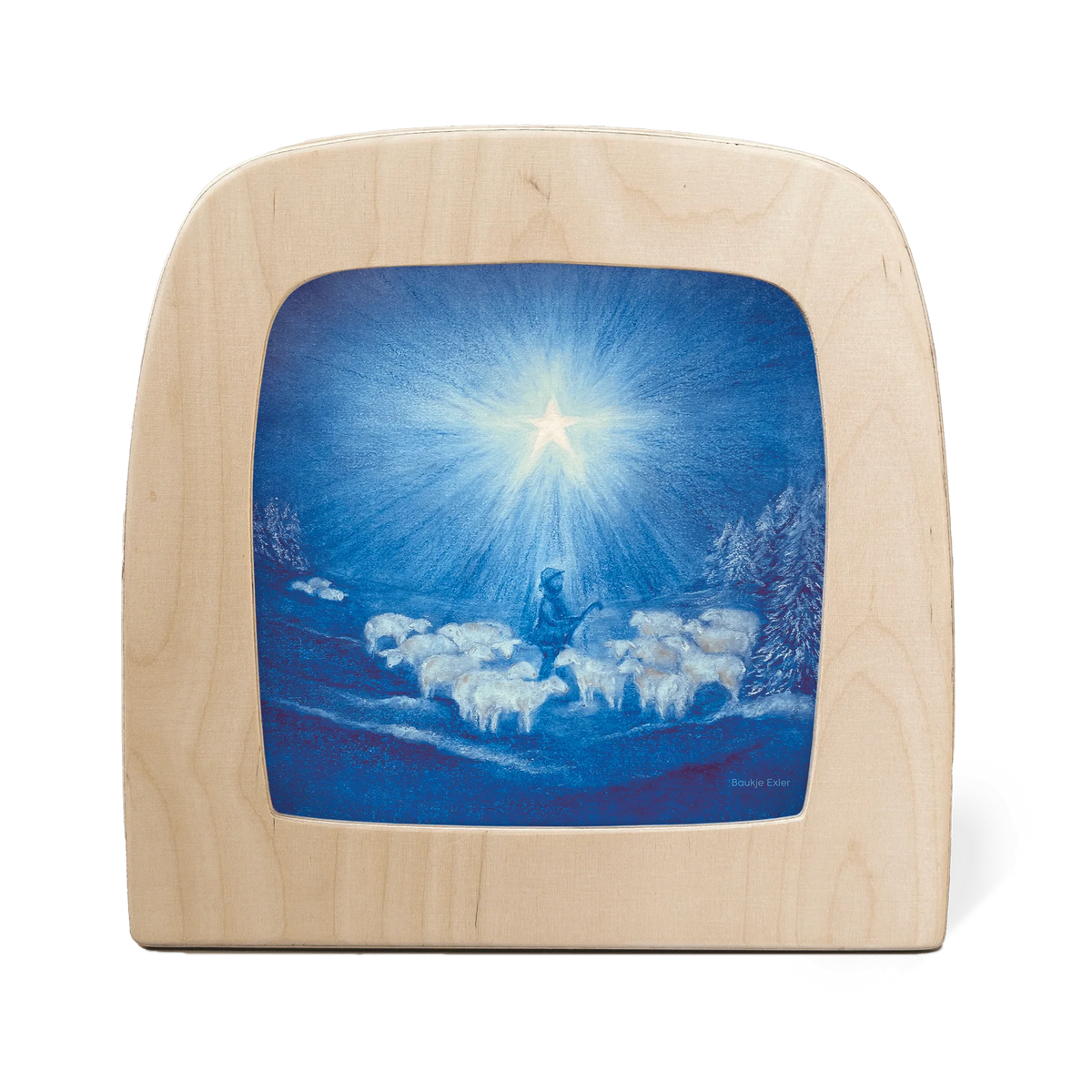 Toverlux Motiv Leitstern von Baukje Exler in der magischen Lampe: Hirte mit Schafen unter einem hell leuchtenden Stern