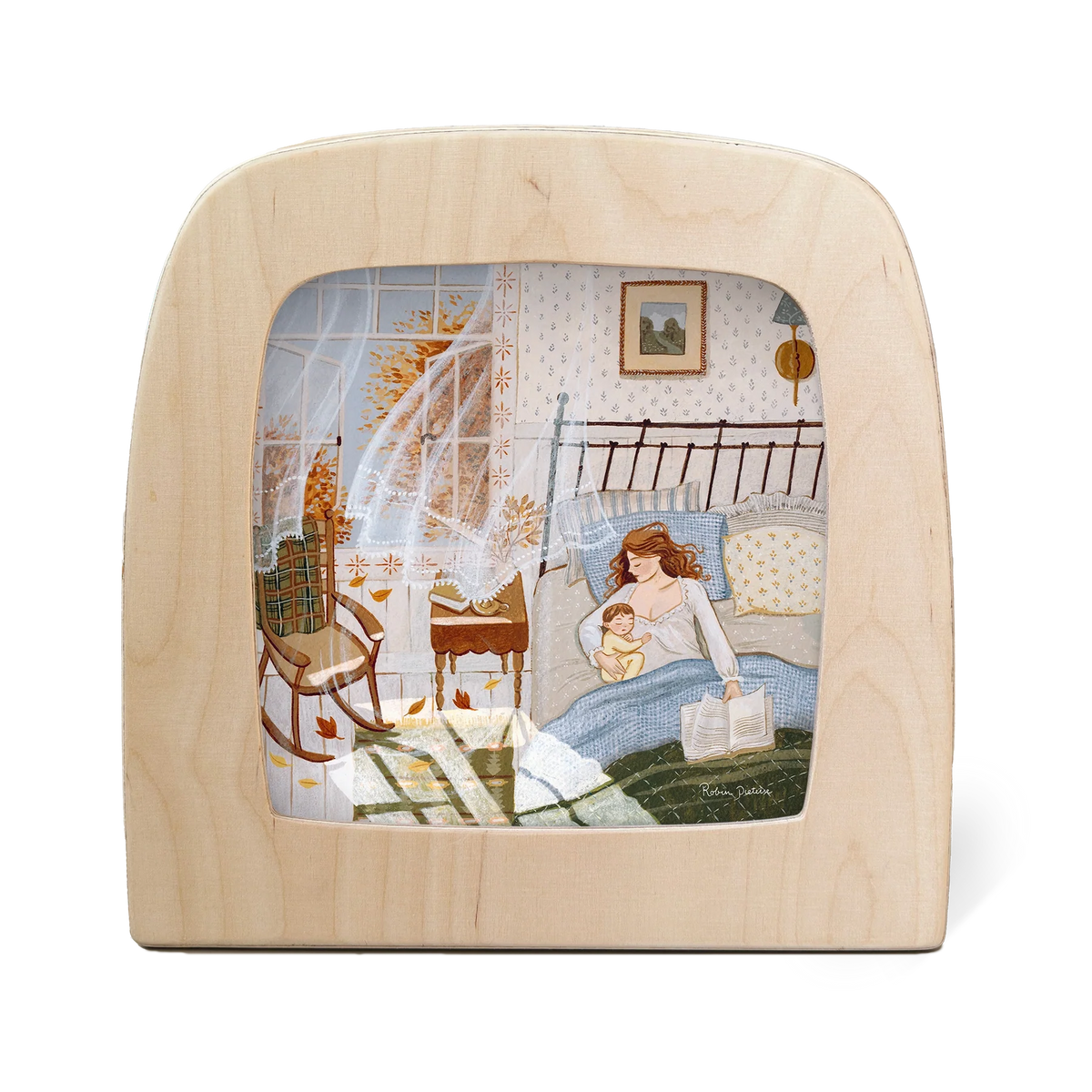 Toverlux Motiv Morgenglück von Robin Pieterse in der magischen Lampe: Helles Schlafzimmer am Morgen mit einem Baby im Bett