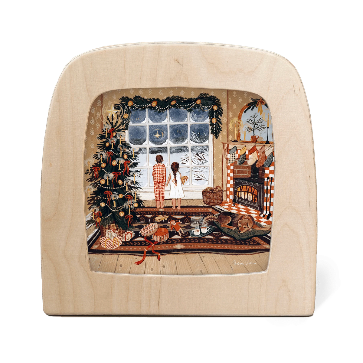 Toverlux Motiv Morgenstern von Robin Pieterse in der magischen Lampe: Weihnachtliches Wohnzimmer mit Baum, Kamin und Kindern am Fenster
