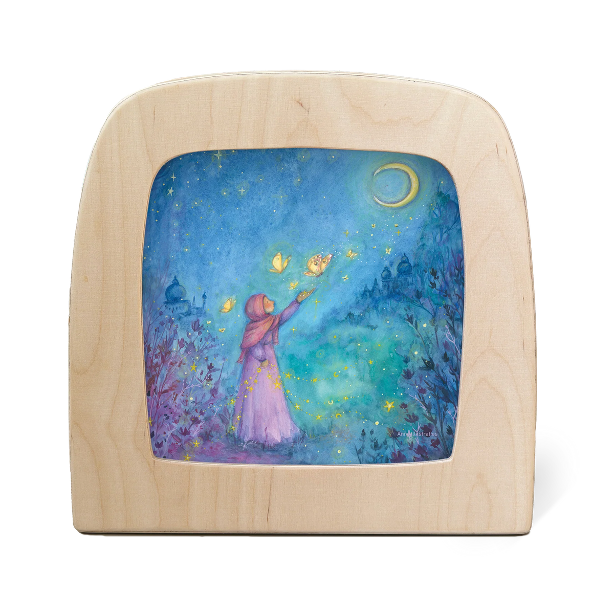 Toverlux Motiv Nachtschmetterlinge von Anne Illustraties in der magischen Lampe: Kind unter der Mondsichel mit leuchtenden Nachtfaltern